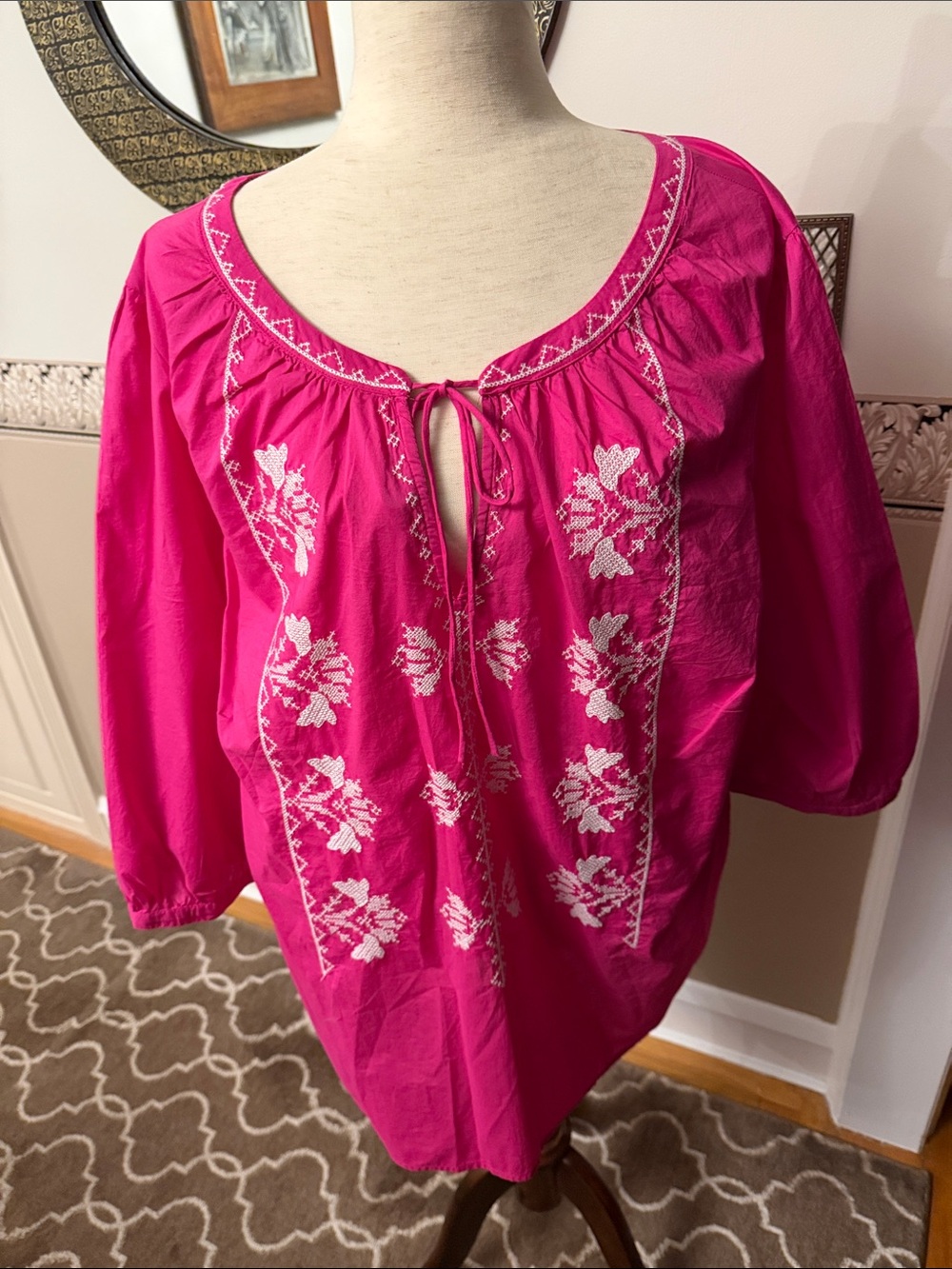 NEW Talbots Boho Embroidered Peasant Top - Fuchsia Pink 2X